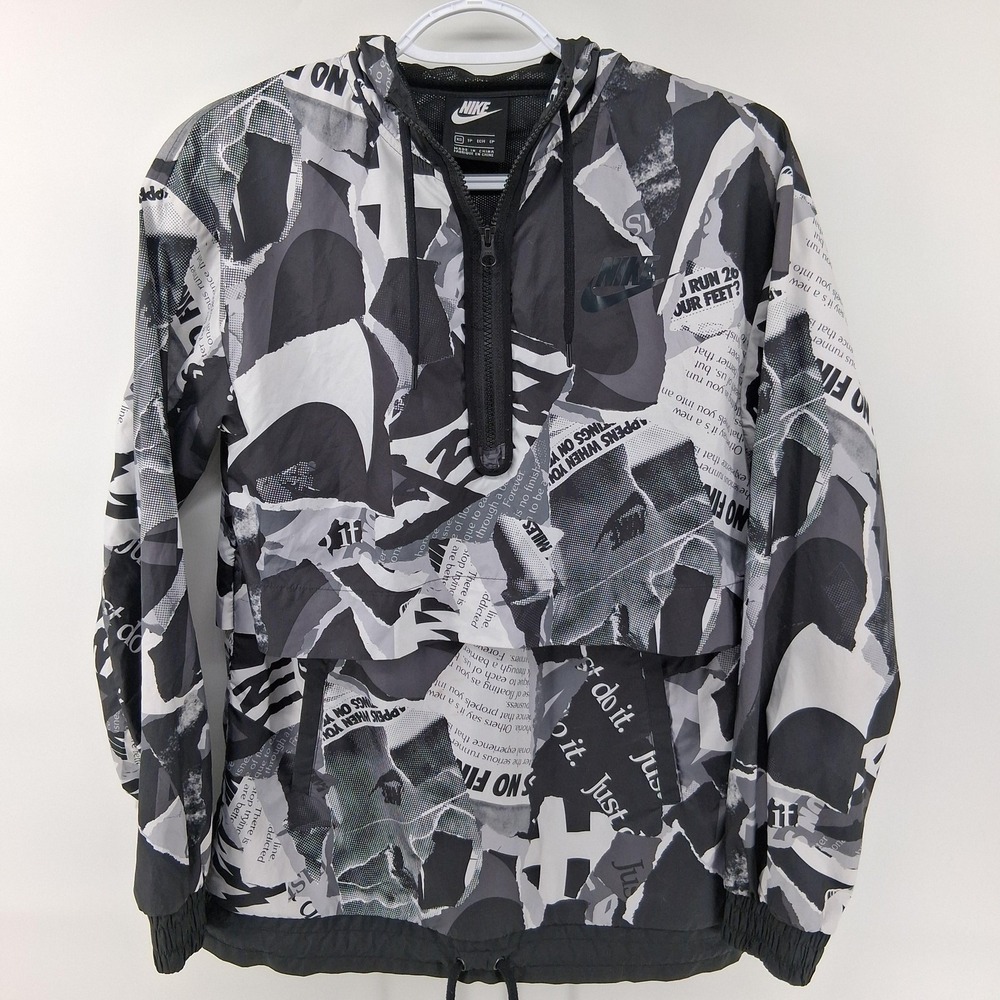 Nike Windbreaker Jacket Mens XS Black Gray Print Just Do It Hooded 1/4 Zip